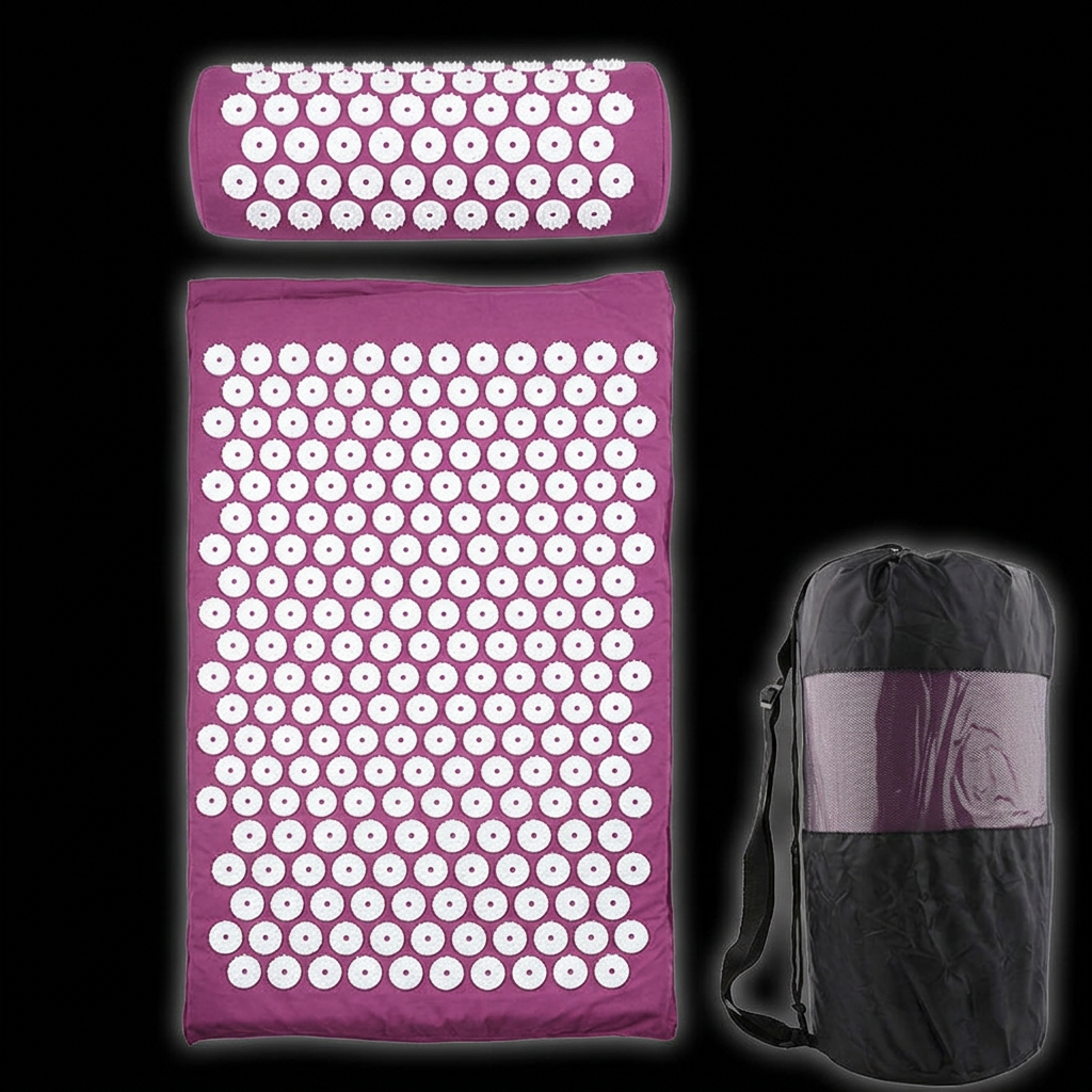 Overhead layout of acupressure mat, pillow and carry bag