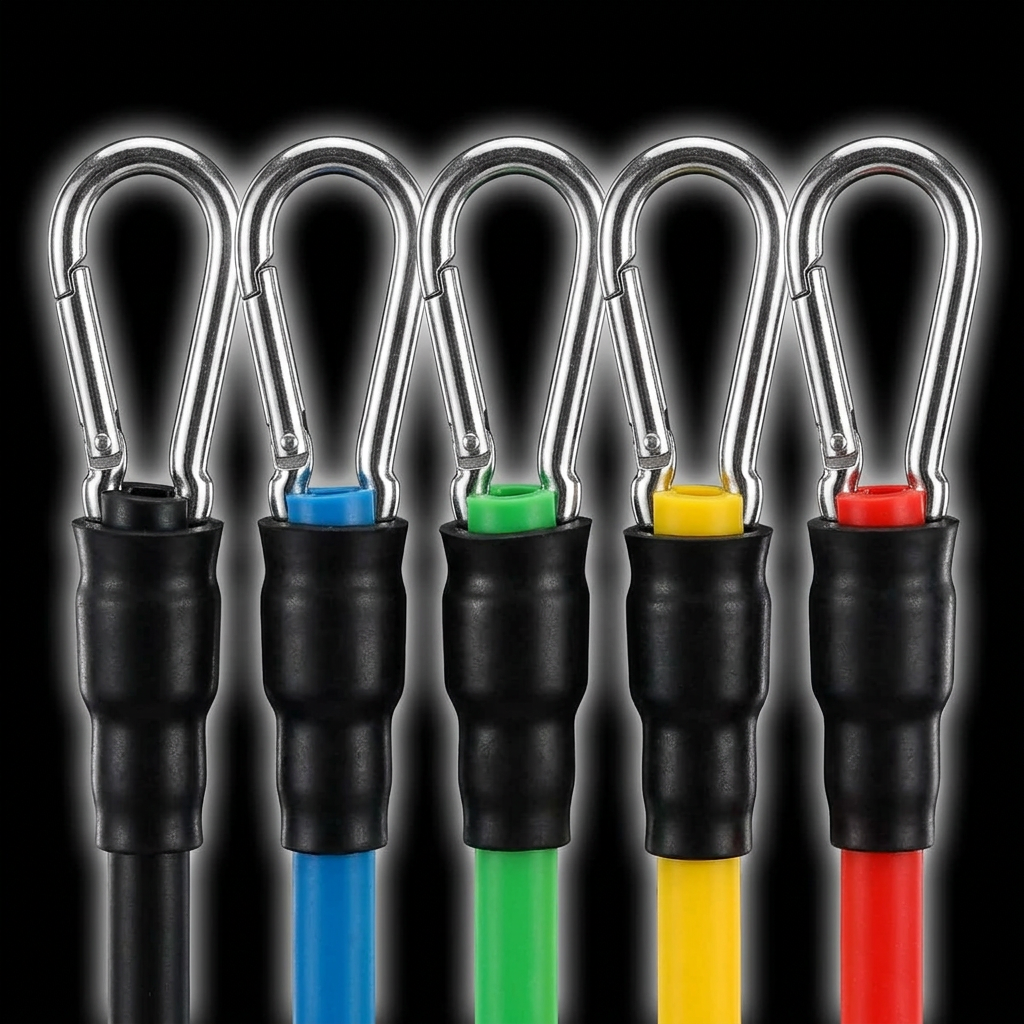 Close-up of five colored resistance tubes and metal clips