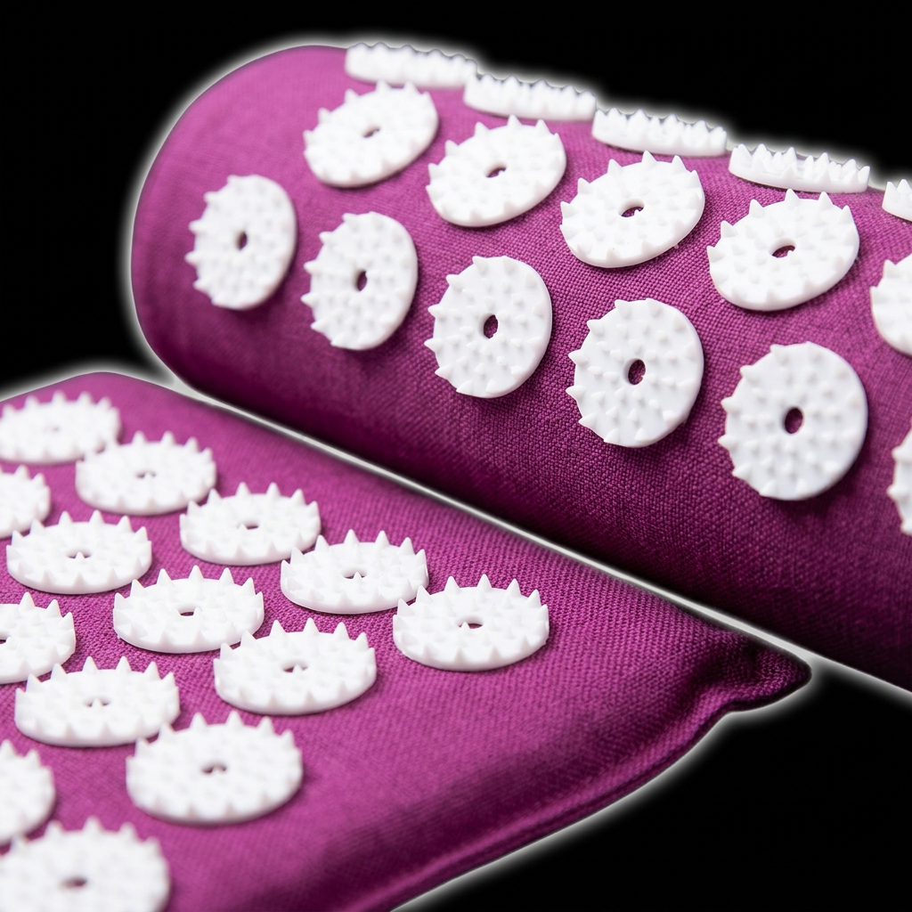 Close-up of purple acupressure fabric and white spiked discs