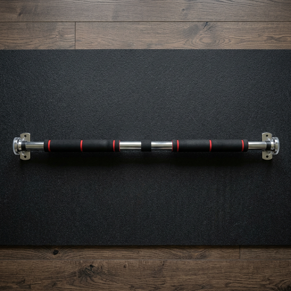 Chrome doorway pull-up bar resting on a black exercise mat over wood flooring