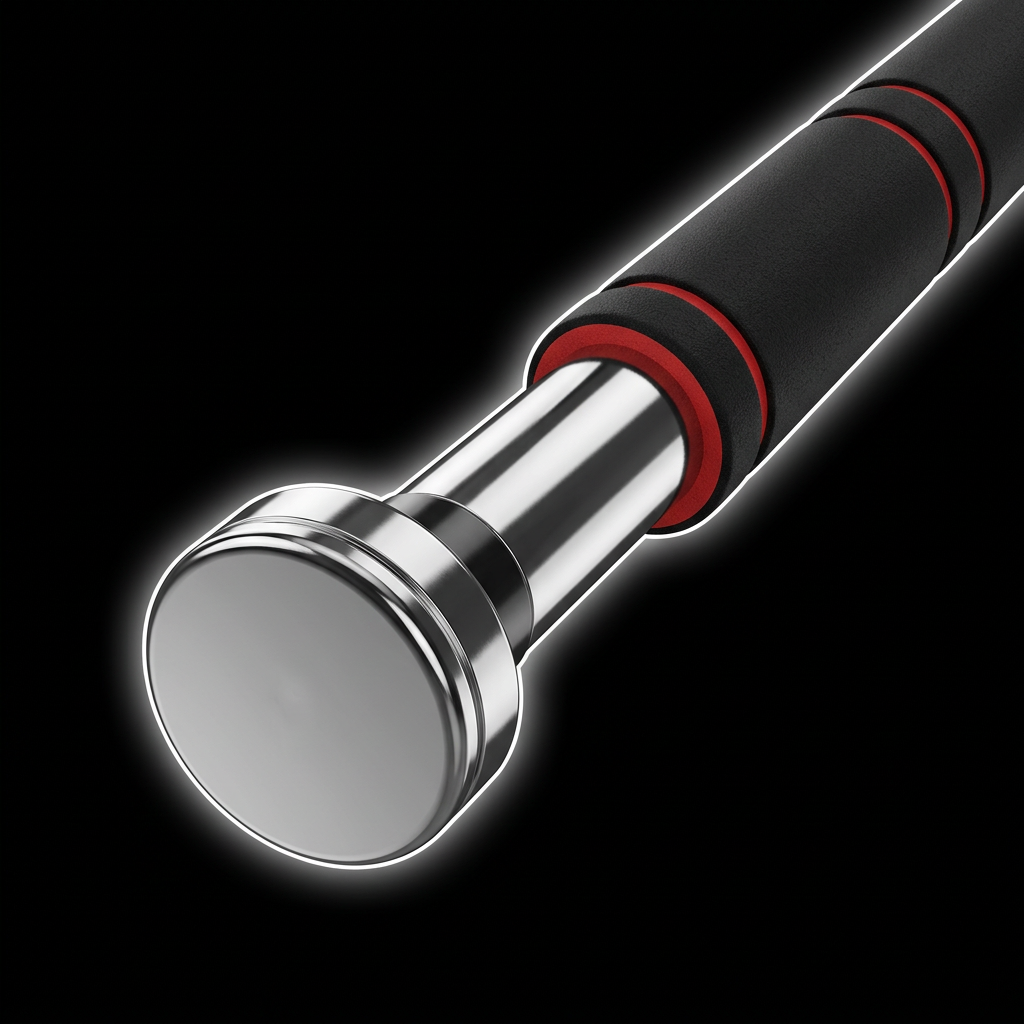 Close-up of chrome end cap and foam grip with white rim lighting