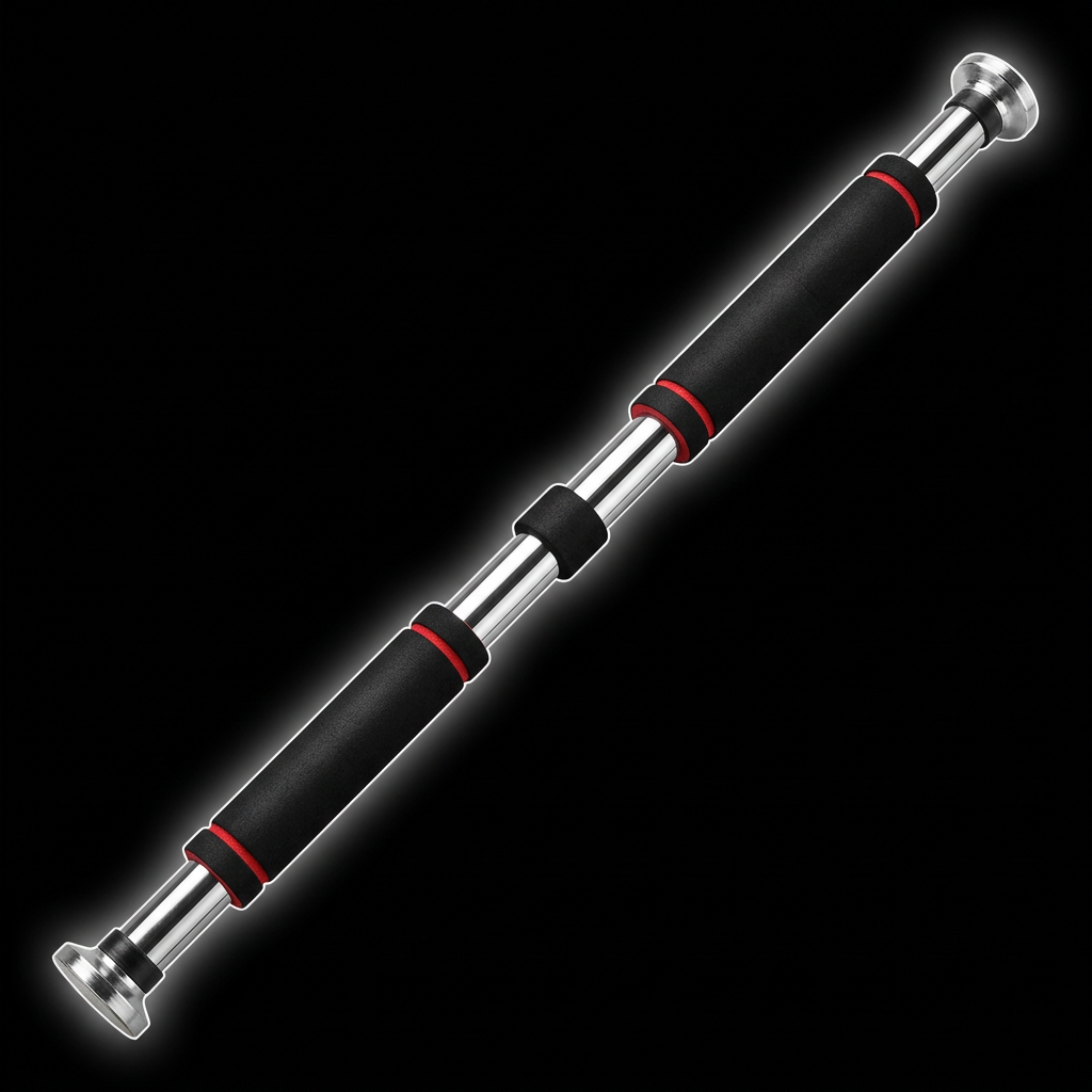 Single chrome doorway pull-up bar with black grips and red trim on black with white edge glow