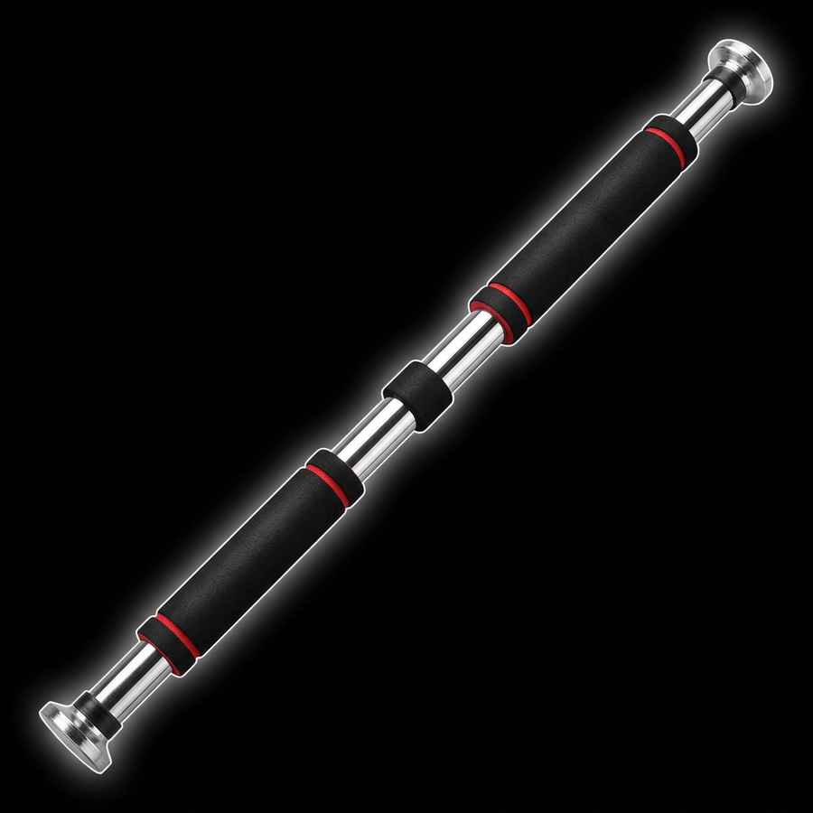 Single chrome doorway pull-up bar with black grips and red trim on black with white edge glow