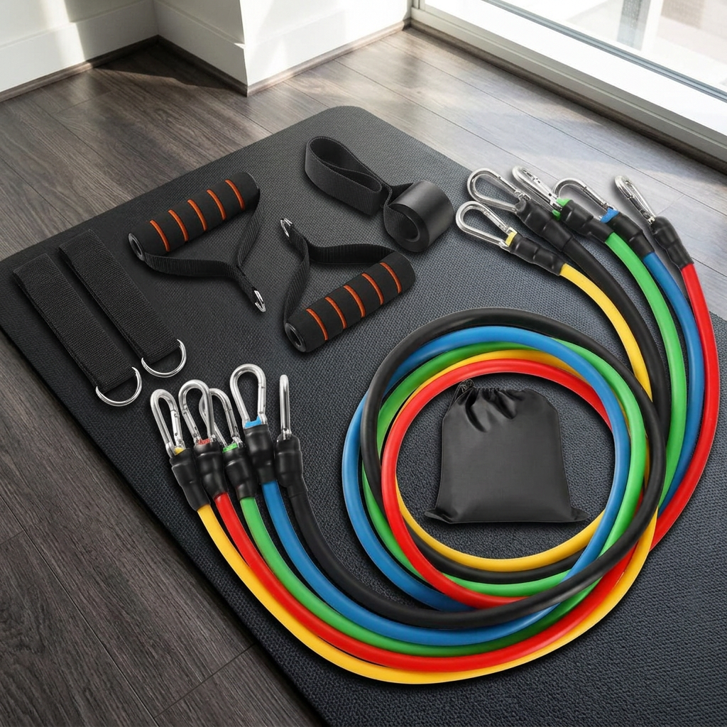 Five colored resistance tubes with handles, straps, door anchor and pouch arranged on an exercise mat beside a window